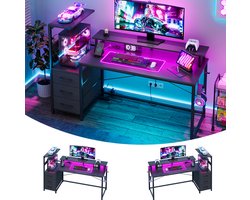 Gaming Bureau met LED Verlichting - 150L x 115H x50B cm - Hoekbureau met Stopcontact - 3 Non Woven Lade - Gaming Desk - Computer Tafel - Gaming Tafel - met Opbergplanken & IJzeren Haak - Zwart - Bureau voor Gamen, Studeren en Werken