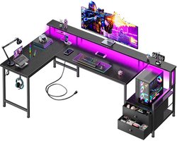 Gaming Bureau met LED Verlichting - 166L x 93H x 100B cm - L-Vormig Hoekbureau met Stopcontact - Met USB en Type-C-poort - 2 Non Woven Lade - Met IJzeren Haak - Gaming Desk - Gaming Computer Tafel met Monitorstandaard - Zwart