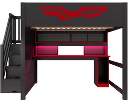 Gaming hoogslaper 140x200 - Hoogslaper met bureau - Multifunctioneel bed - Met opbergruimte - 140x200 cm - LED en USB - Slaapkamer Zwart/Rood