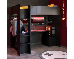 Gaming hoogslaper LevelUp 90x200cm met gamingbureau - zwart - Parisot - Hoogslaper - Zwart - Melamine; Spaanplaat Eenpersoons Hoogslaper