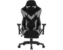 Gaming Stoel - Bureau – Racing - Ergonomische - Verstelbare - met Voetsteun - 155° Ligstand - Nekkussen - Lenden - Kunstleer – 360° Draaibare Wielen - Tot 136 kg Draagvermogen - Grijze Stof