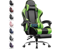 Gaming stoel, bureaustoel, ergonomische gamingstoel met voetensteun, hoofdsteun, lendenkussen, gevoerde gamingstoel, draaistoel, Groen