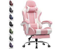 Gaming stoel, bureaustoel, ergonomische gamingstoel met voetensteun, hoofdsteun, lendenkussen, gevoerde gamingstoel, draaistoel, Roze