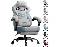 Gaming Stoel, Bureaustoel met verbonden armleuningen, Memory Foam kussen, 90–155° kantelhoek en voetensteun, duurzaam functioneel weefsel, Grijs