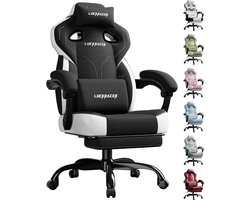 Gaming Stoel, Bureaustoel met verbonden armleuningen, Memory Foam kussen, 90–155° kantelhoek en voetensteun, duurzaam functioneel weefsel, Zwart