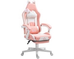 Gaming Stoel Ergonomische Gamer Stoel Met Lendensteun, Voetensteun, Gaming Fauteuil Met Kattenoren, Hoofdkussen, Verstelbare Hoogte Bureaustoel Met Verstelbare Ligfunctie Roze
