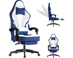 Gaming stoel, ergonomische gamingstoel met voetensteunen, pc-stoel met hoofdsteun en lendenkussen, 360 graden draaibaar, in hoogte verstelbare stof, gamingstoel, blauw