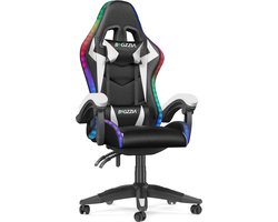 Gaming stoel met LED lichteffecten - Ergonomische Bureaustoel - Verstelbare rugleuning - LED Gaming stoel met lendensteun en hoofdsteun - Zwart en wit