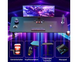 Gaming Tafel – Bureau – Computertafel – Esports Tafel – Werkplek – Carbon Fiber Blad – Verstelbare Poten – Inclusief Muismat & Koptelefoonhouder – 180x70x80 cm