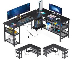 Gaming Tafel - L-Vorm - Omkeerbaar Gaming Bureau Met 2 Stopcontacten En 2 USB-Laadpoorten - Maximale Organisatie En Opbergruimte - Zwart - 168 × 120 cm