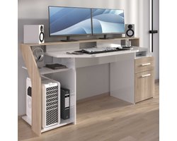 Gamingbureau Sylver met ledverlichting - eikdecor/hoogglans wit
