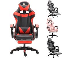 Gamingstoel Bureaustoel Ergonomische Gamestoel met Lendensteun Voetsteun Gamestoel met Kattenoren Hoofdkussen Verstelbare Hoogte en Ligfunctie Zwart-Rood