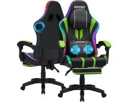 Gamingstoel bureaustoel met voetsteun, massage stoel met luidspreker en LED-verlichting, in hoogte verstelbaar, tot 180 kg - Groen