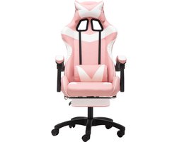 Gamingstoel Ergonomische Gamestoel met Lendensteun Voetsteun Gamestoel met Kattenoren Hoofdkussen Verstelbare Hoogte en Ligfunctie Wit-Roze