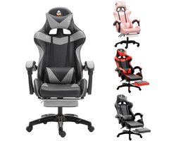 Gamingstoel Ergonomische Gamestoel met Lendensteun Voetsteun Gamestoel met Kattenoren Hoofdkussen Verstelbare Hoogte en Ligfunctie Zwart-Grijs