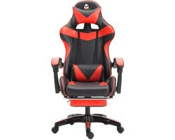 Gamingstoel Ergonomische Gamestoel met Lendensteun Voetsteun Gamestoel met Kattenoren Hoofdkussen Verstelbare Hoogte en Ligfunctie Zwart-Rood