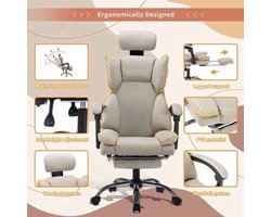 Gamingstoel – Gamestoel – Gaming Chair – Game Stoel – Bureaustoel – Ergonomisch Verstelbaar – PU Leder Met 5-Wielbasis – Zacht Schuim – Kaki Met Witte Biezen
