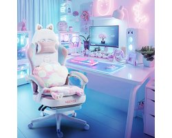 Gamingstoel Kattenoren – Roze, Blauw & Wit – Ergonomisch met Verstelbare Voetsteun – Voor Anime Fans & Gamers – 136 kg Draagkracht