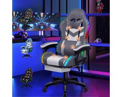 Gamingstoel Met 8-Punts Massage - 12 Kleuren RGB LED-Licht - Ergonomische Bureaustoel Met Voetensteun - Hoofdsteun En Lendenkussen - Voor Kinderen En Volwassenen - Stof Met Grijze Stiknaden