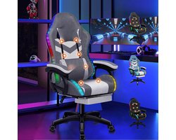 Gamingstoel Met 8-Punts Massage – RGB LED 12 Kleuren – Ergonomische Bureaustoel Met Voetensteun – Hoofdsteun En Lendenkussen – Voor Kinderen En Volwassenen – Stof Met Grijze Stiknaden