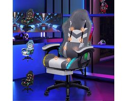 Gamingstoel Met 8-Punts Massagefunctie - RGB LED Verlichting In 12 Kleuren - Ergonomische Bureaustoel Met Voetsteun - Inclusief Hoofdsteun En Lendenkussen - Grijze Stoffen Afwerking Voor Kinderen En Volwassenen