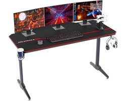 Gamingtafel 140 x 60 cm Computertafel in T Vorm Voor Kantoor pc Computer Robuuste Tafel Met Muisonderlegger Bekerhouder en Hoofdtelefoonhaak ST 140BK SH