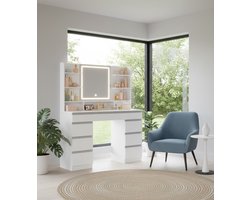 Ganeey Luxe Grote Kaptafel met LED-Verlichting – 3 Kleuren Licht, Verstelbare Helderheid, 9 Lades & 9 Open Planken – Moderne Make-uptafel met Grote Spiegel – Witte & Zilveren Afwerking – Inclusief LED-Spiegel voor Perfecte Make-up – 107 x 40 x 140 cm