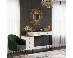 Ganeey Luxe Kaptafel met LED Verlichting – 5 Laden & Dimbare Ronde Spiegel (3 Lichtkleuren) – Grote Make-uptafel met Zijkast & USB-Oplaadfunctie – Houteffect Notenboom Oranje – 100x40x125 cm – Moderne Tafel met Spiegel voor Slaapkamer & Dressing