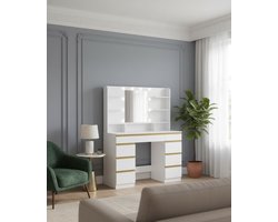 Ganeey Luxe Kaptafel met LED Verlichting – Grote Make-up Tafel met Spiegel, 10 Dimbare LED Lampen, 3 Lichtkleuren, 9 Lades & 9 Open Planken – Moderne Witte Kaptafel met Gouden Accenten – 40x107x140 cm