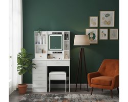 Ganeey Luxe Make-uptafel met LED Spiegel, Kruk en 3 Kleurtemperaturen – Moderne Kaptafel met 6 Laden en 4 Planken – Instelbare Verlichting – Witte Make-up Tafel voor Slaapkamer en Dressing