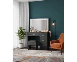 Ganeey Luxe Make-uptafel met Spiegel & LED-Verlichting – Moderne Kaptafel met 4 Laden, Stopcontact & USB-Poorten – Zwarte Cosmeticatafel met Stoel & Haardrogerhouder – Grote Spiegel met Dimbaar Licht – 90×40×136 cm – Make-uptafel voor Slaapkamer, Kle