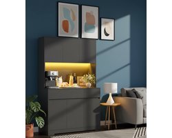 Ganeey Zwarte Keukenkast met Werkblad en LED Verlichting – Luxe Buffetkast met Stopcontact & USB – Hoge Kast met Laden en Deuren – Dressoir met Verstelbare Planken – Voor Keuken, Eetkamer & Woonkamer – 100x38,5x180 cm