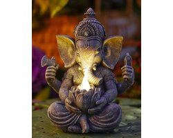Ganesha Boeddha Beeld - Met Solarlampen & Weerbestendig - Voor Zen Tuin, Woonkamer, Bureau & Balkon Decoratie - Grijs 20 CM