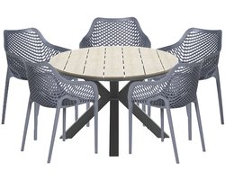 Garden Impressions Air XL tuinset 6-delig donker grijs - Tulli tuintafel Ø148x75 cm light teak look