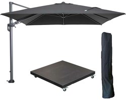 Garden Impressions Hawaii zweefparasol 300x300 cm carbon black / zwart met 90kg verrijdbare parasolvoet en parasolhoes