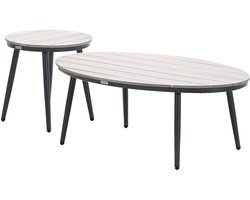 Garden Impressions Lucas bijzettafels donker grijs - teak look - Ø50x48 cm & 120x75x45 cm