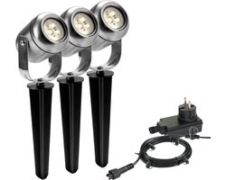 Garden Lights LED Tuinverlichting set Jard van 3 Stuks - 8 meter - Warm Wit Licht - 12V Grondspots voor buiten met Stekker - IP44 Waterbestendig - Tuin Verlichting op Stroom 12 Volt - incl. trafo, kabel en schuifaansluiting - Buitenverlichting