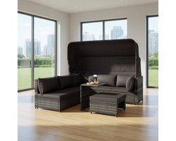 Garden Lounge Set, Rattan Solar Island, Seating Group, Sofa with Sun Canopy, Stool, Armchairs and Table, Outdoor Garden Furniture, Lounge Furniture, Balcony and Garden, Patio Furniture, Weatherproof, Grey-Industrohome