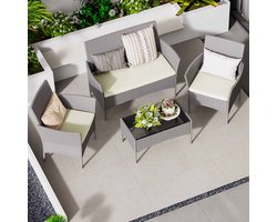 Garden set van 4-delig - Weerbestendige polyrotan zitgroep voor 4 personen - Tuinset voor buiten van rotan, tuinset voor 4 personen, inclusief 1 bank, 2 fauteuils, 1 tafel - Grijs