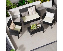 Garden set van 4-delig - Weerbestendige polyrotan zitgroep voor 4 personen - Tuinset voor buiten van rotan, tuinset voor 4 personen, inclusief 1 bank, 2 fauteuils, 1 tafel - Zwart