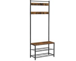 garderobe, kapstok met schoenendragers, industrieel ontwerp, schoenendrager met zitje voor de hal, met haken, 3 schappen, gemaakt van hout en metaal, vintage, donkerbruine HSR41BX