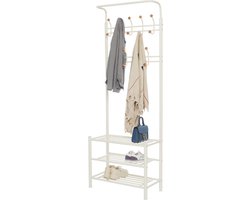 Garderobe kapstok met schoenenrek - garderobe zitbank - 18 haken - metalen frame - kledingstandaard - vintage - woonkamer - slaapkamer - hal - wit kapschuur