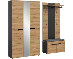 – Garderobecombinatie Canu, 200 x 190 x 37 cm, in Artisan eiken en basaltgrijs, 4-delige set met kast, paneel en zitbank, incl. zitkussen, comfort en opbergruimte in hoogwaardige houtlook
