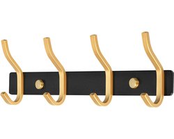Garderobehaken roestvrij staal, haaklijst, kledinghaken muur met 4 haken, garderobelijst, wandgarderobe voor slaapkamer, badkamer, keuken (zwart en goud, 4 haken)