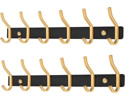 Garderobehaken roestvrij staal, haaklijst, kledinghaken, muur met 6 haken, garderobelijst, wandgarderobe voor slaapkamer, badkamer, keuken (zwart en goud, 6 haken, 2 stuks)