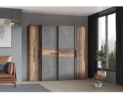 Garderobekast 200 Garderobekast, Zwevende Deurkast, Industriële Slaapkamer, Draaideurkast, 4-Deurs Oud - Hout Vintage/Betonlook Donkergrijs, 200 cm Breed x 190,5 cm Hoog x 62 cm Diep