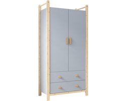 Garderobekast 90x45x180cm Kledingkast Kast Dressoirkast Garderobekast Blauw Natuurk MDF Massief Hout Dubbele Deuren Met Kledingstang Twee Lades Opbergkast Massief Houten Frame Voor Slaapkamer Woonkamer Hal