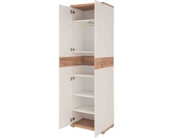 Garderobekast Alicante Eiken - Wit - Breedte 59 cm - Hoogte 199 cm - Diepte 40 cm - Met hanggedeelte - Met planken - Met openslaande deuren