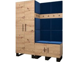 Garderobekast Ganggarderobe Compacte garderobe Vestibule Wandkast Plank Hal & Gang Kast Schoenenkast Gestoffeerde panelen en met een kussen - (BxHxD): 158x196x45,6 cm - ERNETST 2 - Artisan (Blauw (Manila 26))