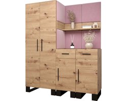 Garderobekast Ganggarderobe Compacte garderobe Vestibule Wandkast Plank Hal & Gang Kast Schoenenkast Gestoffeerde panelen en met een kussen - (BxHxD): 158x196x45,6 cm - ERNETST 7 - Artisan (Roze (Manilla 09))